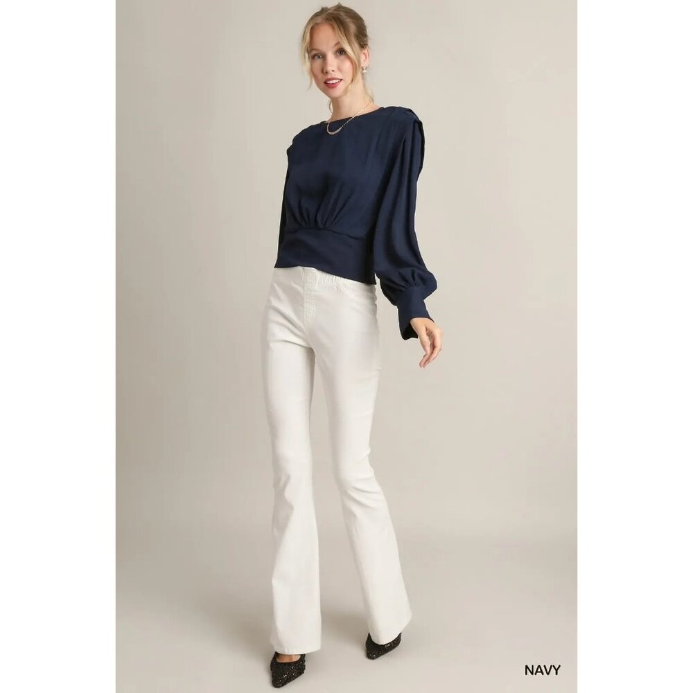 NWT Umgee Navy Solid Defined Shoulder Crepe Blouse~Long Sleeve - Picture 7 of 10
